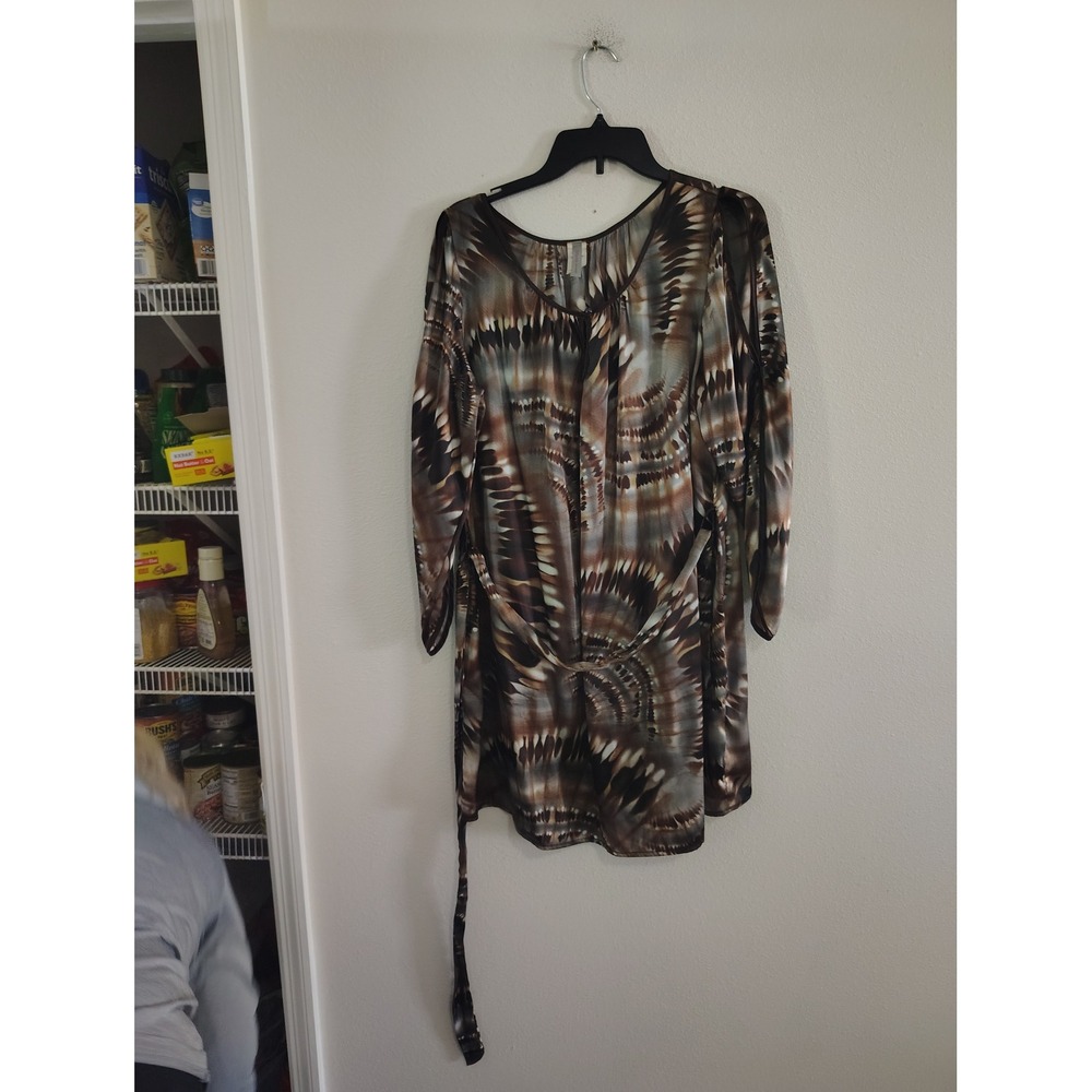 Famosa Brown Abstract Sunburst Print Cold Shoulder Tunic Mini Dress Medium USA